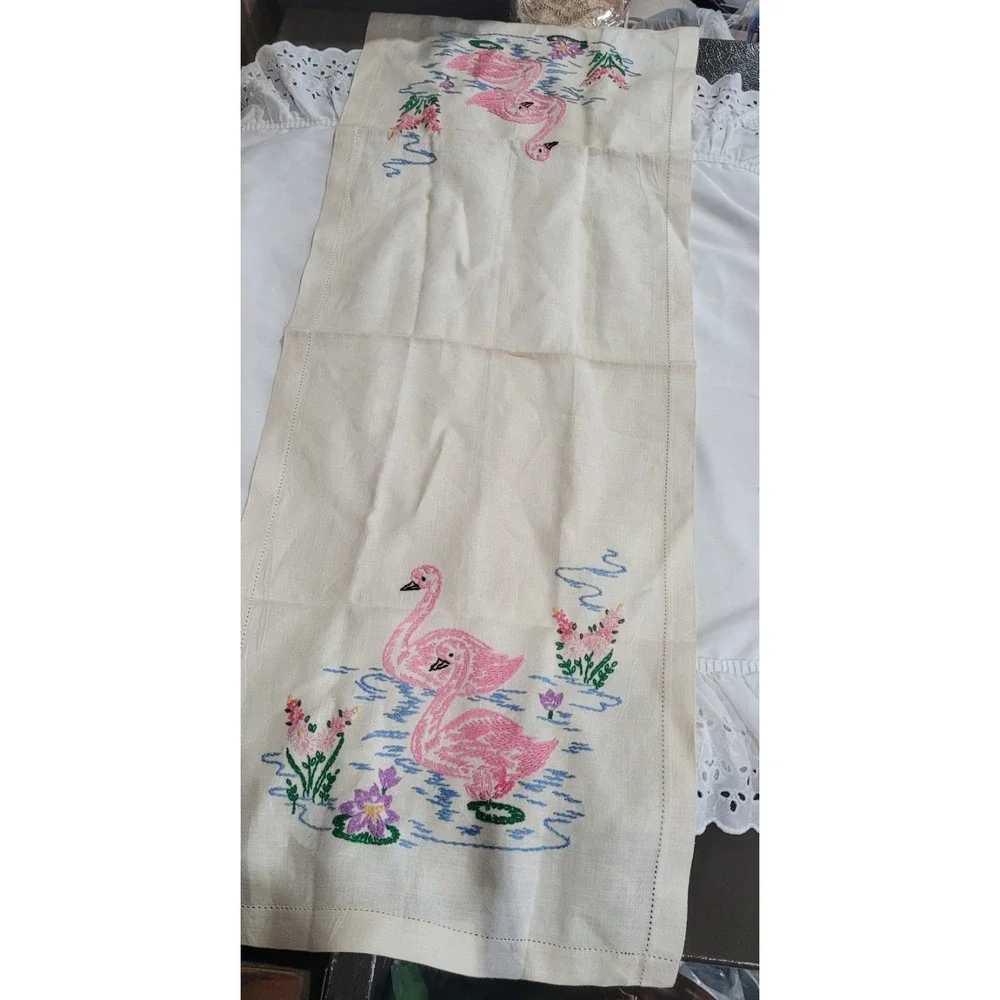 Vintage Embroidered Table Runner with Flamingos and Floral Design
